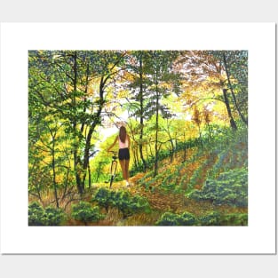 Woman girl with bicycle in woods zen yoga buddhism Posters and Art